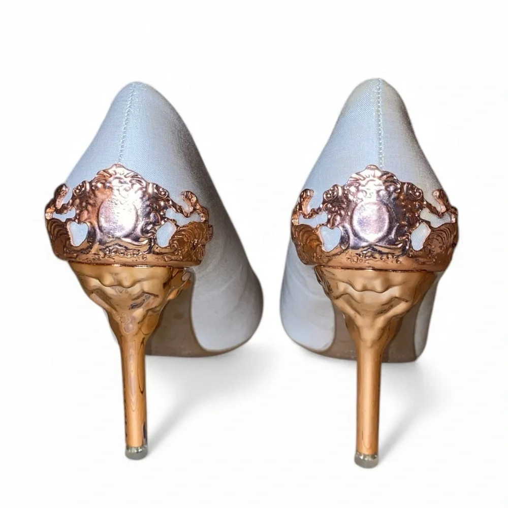 BIGTREE Champagne Beige Pumps Rose Gold Stiletto Ornate Metal Heels SZ US 5/EU35